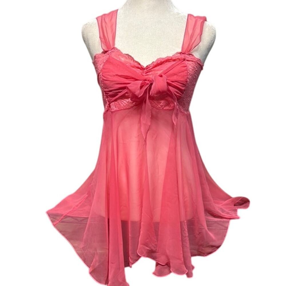 Vintage 1990's Victoria's Secret Sheer Hot Pink Baby Doll Lingerie Size Medium M